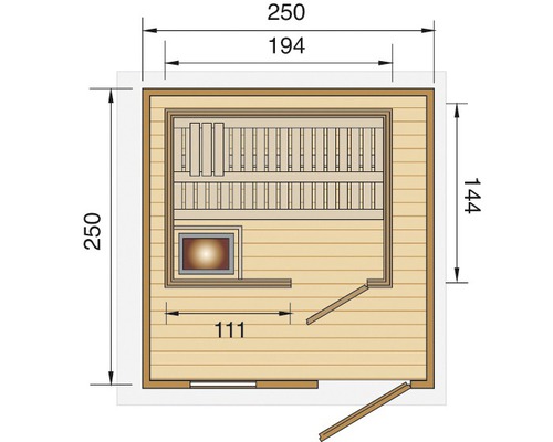 Grundriss einer Sauna mit Maßangaben