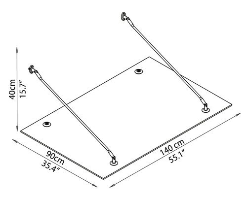 Technische Zeichnung einer Überdachung mit den Maßen 140 mal 90 Zentimeter und einer Höhe von 40 Zentimeter