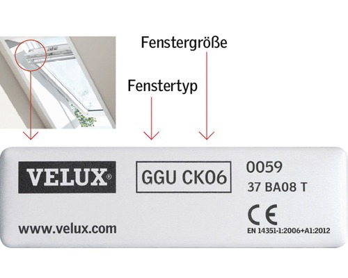 Étiquette d''information pour fenêtre de toit Velux, indiquant le type de fenêtre GGU CK06 et la taille de la fenêtre.