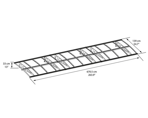 Technische Zeichnung eines Vordachs mit Maßangaben.