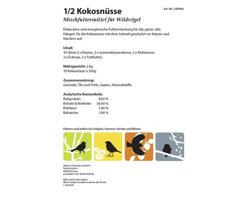 Informations sur les demi-noix de coco comme aliments mélangés pour oiseaux sauvages