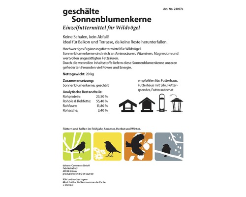 Geschälte Sonnenblumenkerne für Wildvögel, 20 kg