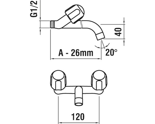 Schéma technique d''un robinet à deux poignées avec indications de dimensions