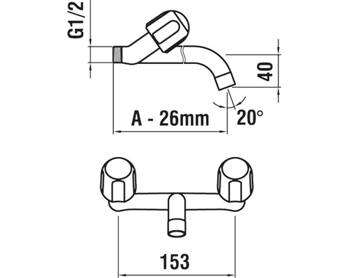 Schéma technique d''un robinet d''eau avec indications de mesure
