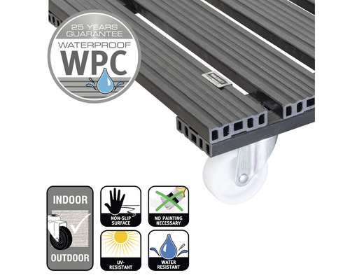 Rollbrett aus WPC mit 25 Jahren Garantie, wasserfest, geeignet für Innen- und Aussenbereiche, rutschfeste Oberfläche, kein Anstrich notwendig, UV-beständig, wasserabweisend.