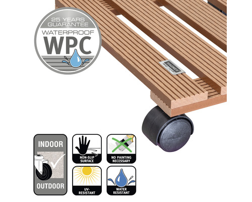 Support à roulettes en WPC avec des propriétés hydrofuges et une garantie de 25 ans
