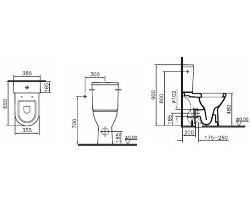 Technische Zeichnung eines Wand-WCs mit Abmessungen