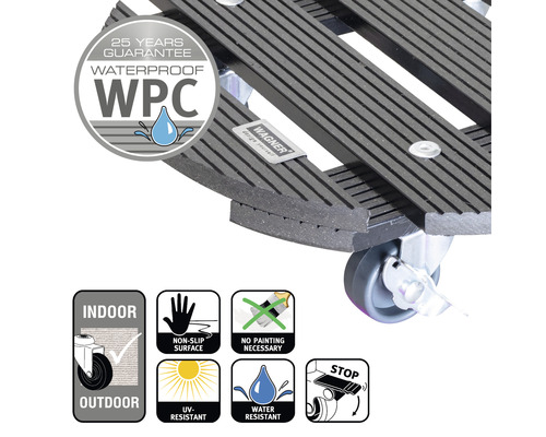 Support à plantes en WPC avec roulettes pour l''intérieur et l''extérieur, avec garantie, étanche, antidérapant, résistant aux UV, sans peinture nécessaire et frein de stationnement