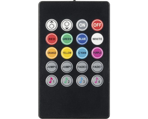 Télécommande noire avec boutons pour contrôler la couleur, la luminosité et la musique