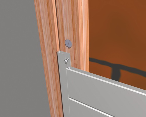 Vue détaillée d''une structure en bois avec des éléments de fixation.