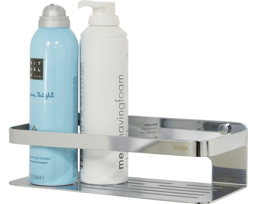 Étagère de douche en métal avec deux produits de soin