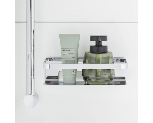 Étagère de douche avec gommage pour les pieds et distributeur de savon