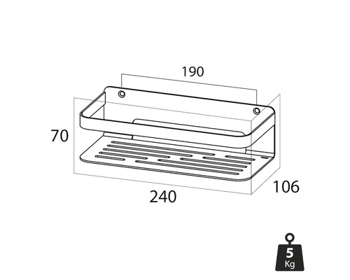 Dessin technique d''une étagère de douche avec dimensions et indication du poids