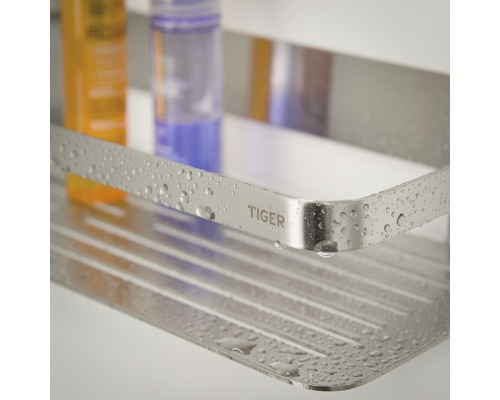 Étagère d''angle en acier inoxydable avec le logo Tiger et des gouttes d''eau