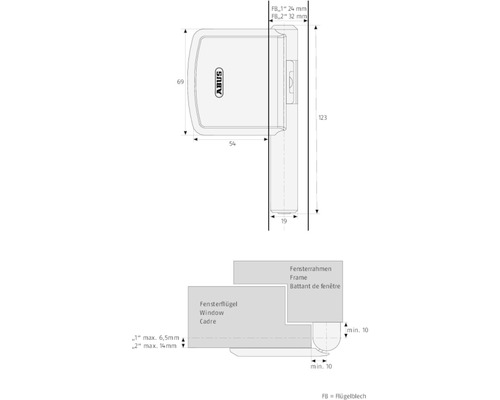 Abmessungen eines ABUS Fenstergriffs mit Schemazeichnung