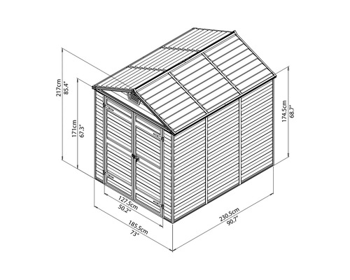 Schéma technique d''un abri de jardin avec dimensions