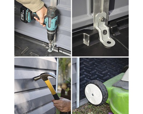 Vue détaillée du montage d''un coffre de jardin avec des outils.