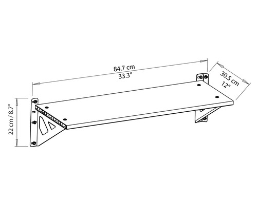 Schéma technique d''une étagère murale avec des dimensions de 84,7 cm de longueur, 30,5 cm de profondeur et 22 cm de hauteur.