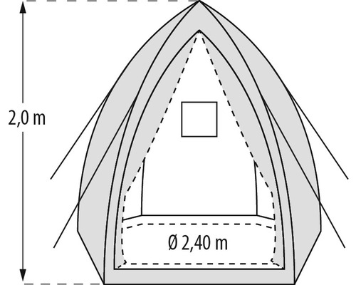Plan de tente avec des dimensions de 2,0 m de hauteur et 2,40 m de diamètre