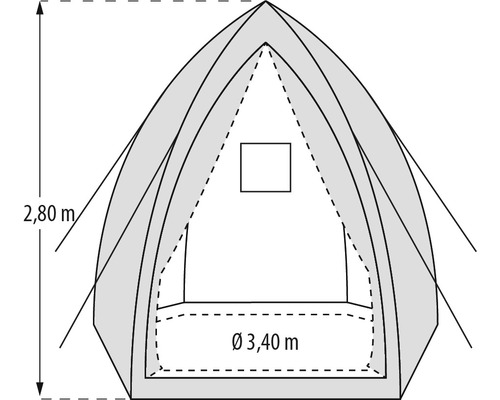 Schéma de la tente avec indication de la hauteur et du diamètre