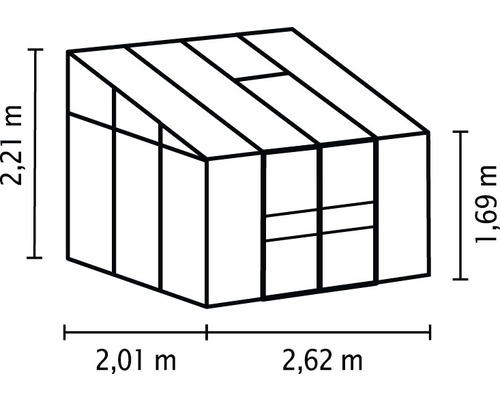 Image d''une serre de dimensions 2,21 m de haut, 2,01 m de large et 2,62 m de long.
