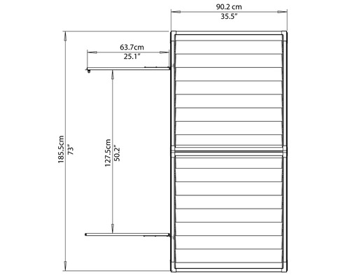Dessin technique d''une armoire avec les dimensions hauteur 185,5 cm, largeur 90,2 cm et profondeur 63,7 cm