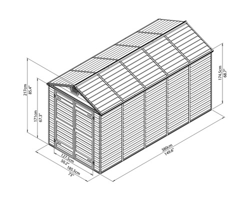 Schéma technique d''un abri de jardin avec indications de dimensions