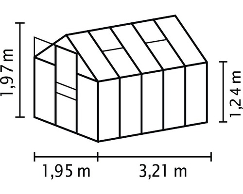 Image d''une serre avec les dimensions de 1,97 mètre de hauteur, 1,95 mètre de largeur et 3,21 mètres de longueur