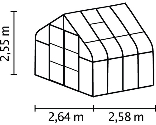 Schéma d''une serre avec des dimensions de 2,55 mètres de hauteur, 2,64 mètres et 2,58 mètres de largeur