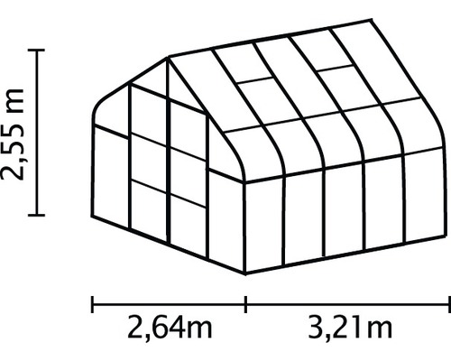 Image d''une serre avec dimensions : 2,55 mètres de haut, 2,64 mètres plus 3,21 mètres de long.