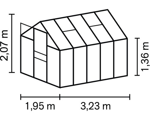 Schéma de la serre d''une hauteur de 2,07 mètres, d''une hauteur latérale de 1,36 mètres, d''une largeur de 1,95 mètres et d''une longueur de 3,23 mètres