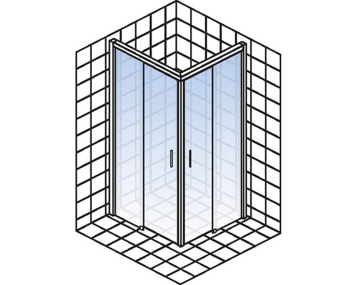 Eckdusche mit zwei Glastüren in einem Badezimmer mit Fliesen