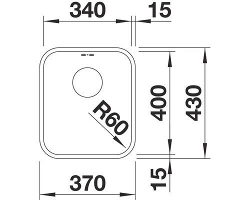 Technische Zeichnung einer Spüle mit Bemaßung