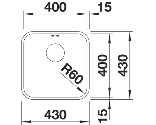 Technische Zeichnung einer Spüle mit Maßangaben