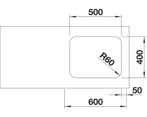Schéma d''un plan de toilette avec découpe de lavabo et indications de dimensions