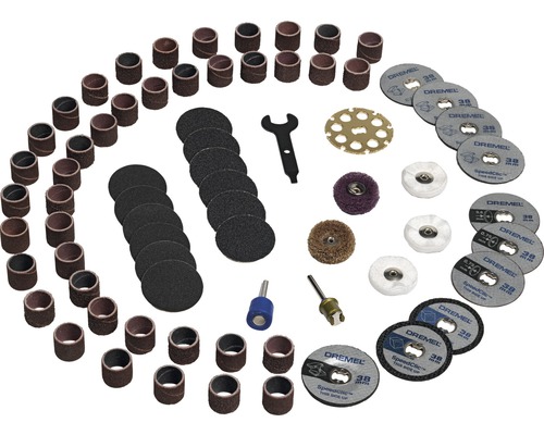 Kit d’accessoires Dremel avec bandes abrasives, disques à tronçonner, disques à polir et mandrins