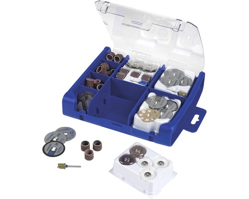 Set d''accessoires Dremel avec bandes abrasives et disques à tronçonner dans une boîte de rangement
