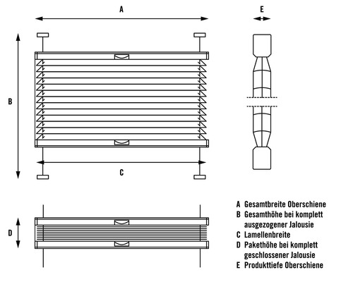Technische Zeichnung einer Jalousie mit Maßangaben