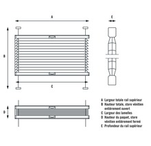 Schéma d''un store vénitien horizontal ouvert et fermé avec dimensions