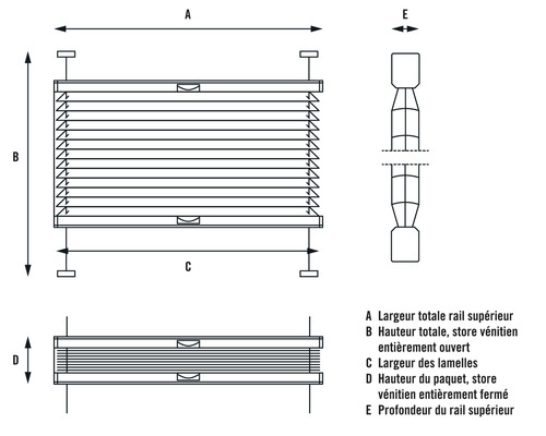 Schéma d''un store vénitien horizontal ouvert et fermé avec dimensions