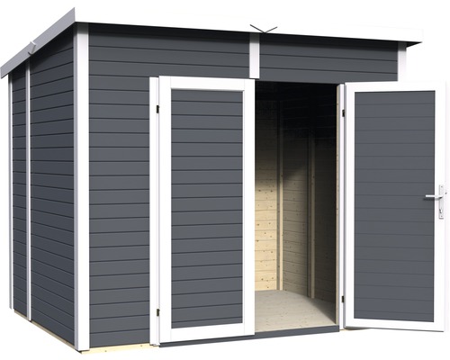 Abri de jardin en bois gris avec portes ouvertes