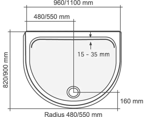 Masszeichnung einer Duschtasse mit den Massen 960/1100 mm Länge, 820/900 mm Breite und einem Radius von 480/550 mm.