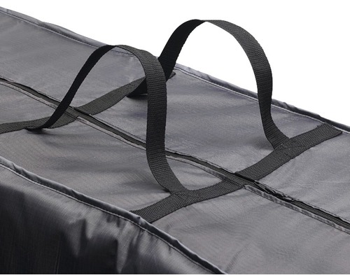 Detailaufnahme einer Aufbewahrungstasche mit Tragegriffen und Reissverschluss.