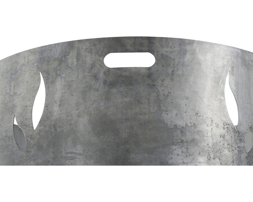 Feuerschalenaufsatz aus Metall mit Flammenmuster und Tragegriff