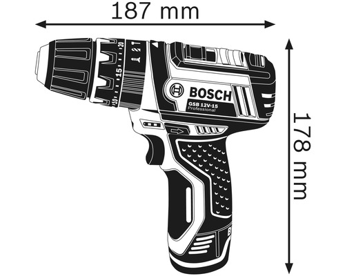 Image d''une perceuse-visseuse à percussion sans fil Bosch GSB 12V-15 Professional avec dimensions : 187 mm de longueur et 178 mm de hauteur