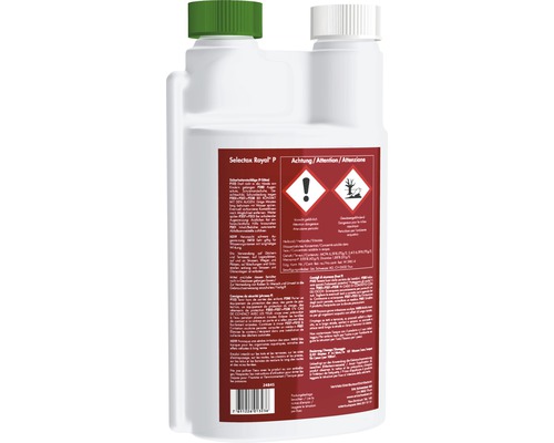 Rückseite einer Flasche Selectax Royal P mit Warnhinweisen und Produktinformationen