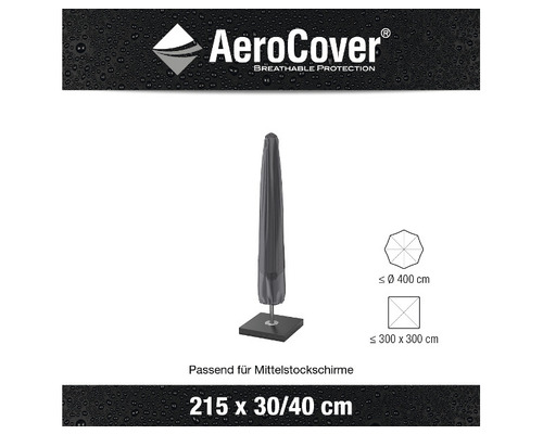 AeroCover Logo. Schutzhülle für Mittelstockschirme, passend für Schirme bis maximal 400 Zentimeter Durchmesser oder 300 x 300 Zentimeter, Grösse 215 x 30/40 Zentimeter.