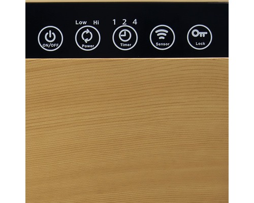 Panneau de commande avec symboles marche/arrêt, alimentation, minuterie, capteur et verrouillage