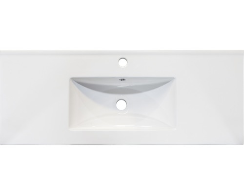 Vue de dessus d''un lavabo en céramique avec trou de robinet et trop-plein