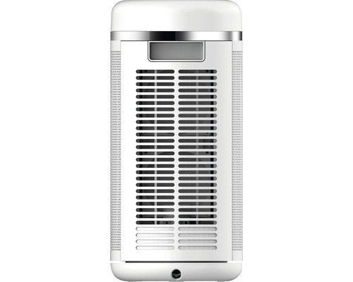 Radiateur soufflant blanc avec fentes d''aération horizontales.